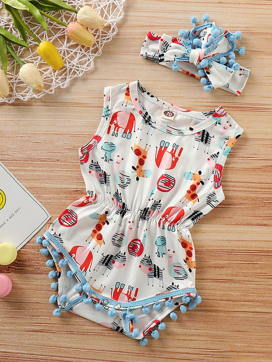 Pom Pom Trimmed Cartoon Animal Print Summer Romper Matching Headband - dianjiang-