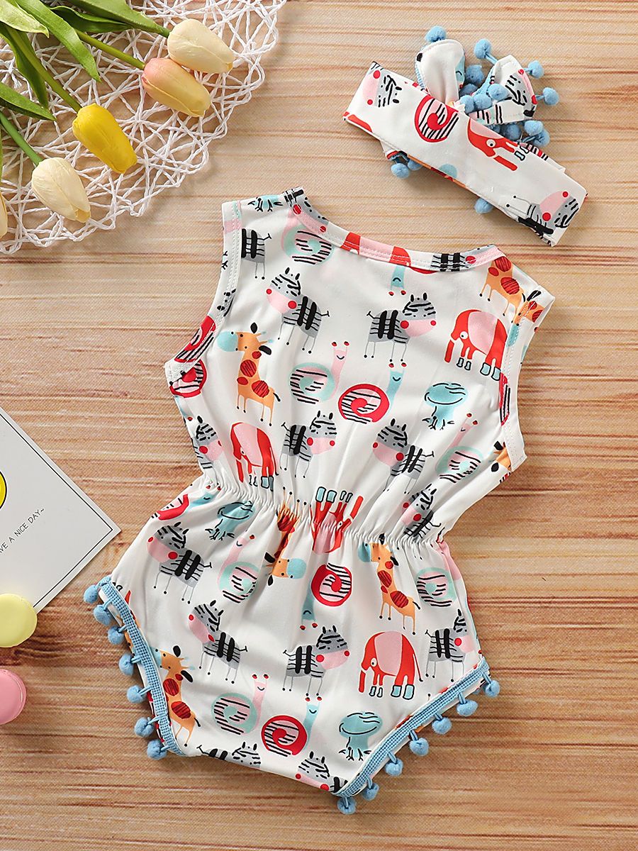 Pom Pom Trimmed Cartoon Animal Print Summer Romper Matching Headband - dianjiang-