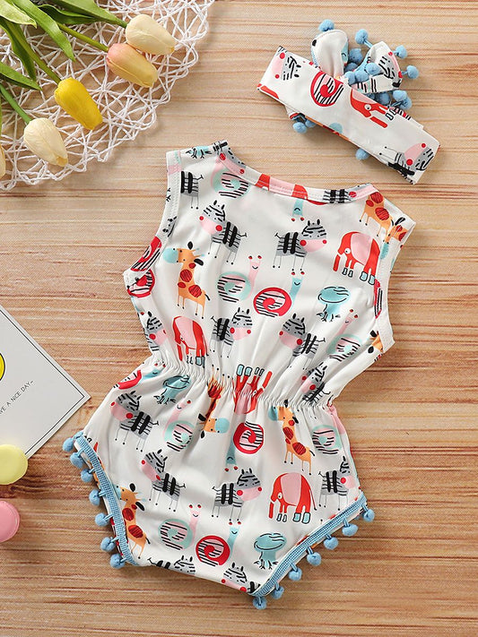 Pom Pom Trimmed Cartoon Animal Print Summer Romper Matching Headband - dianjiang-