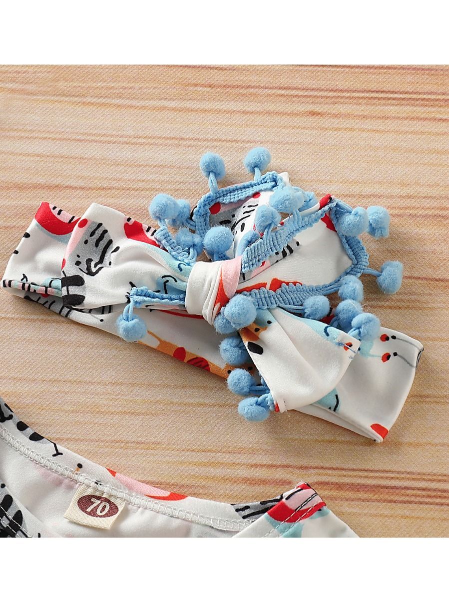 Pom Pom Trimmed Cartoon Animal Print Summer Romper Matching Headband - dianjiang-