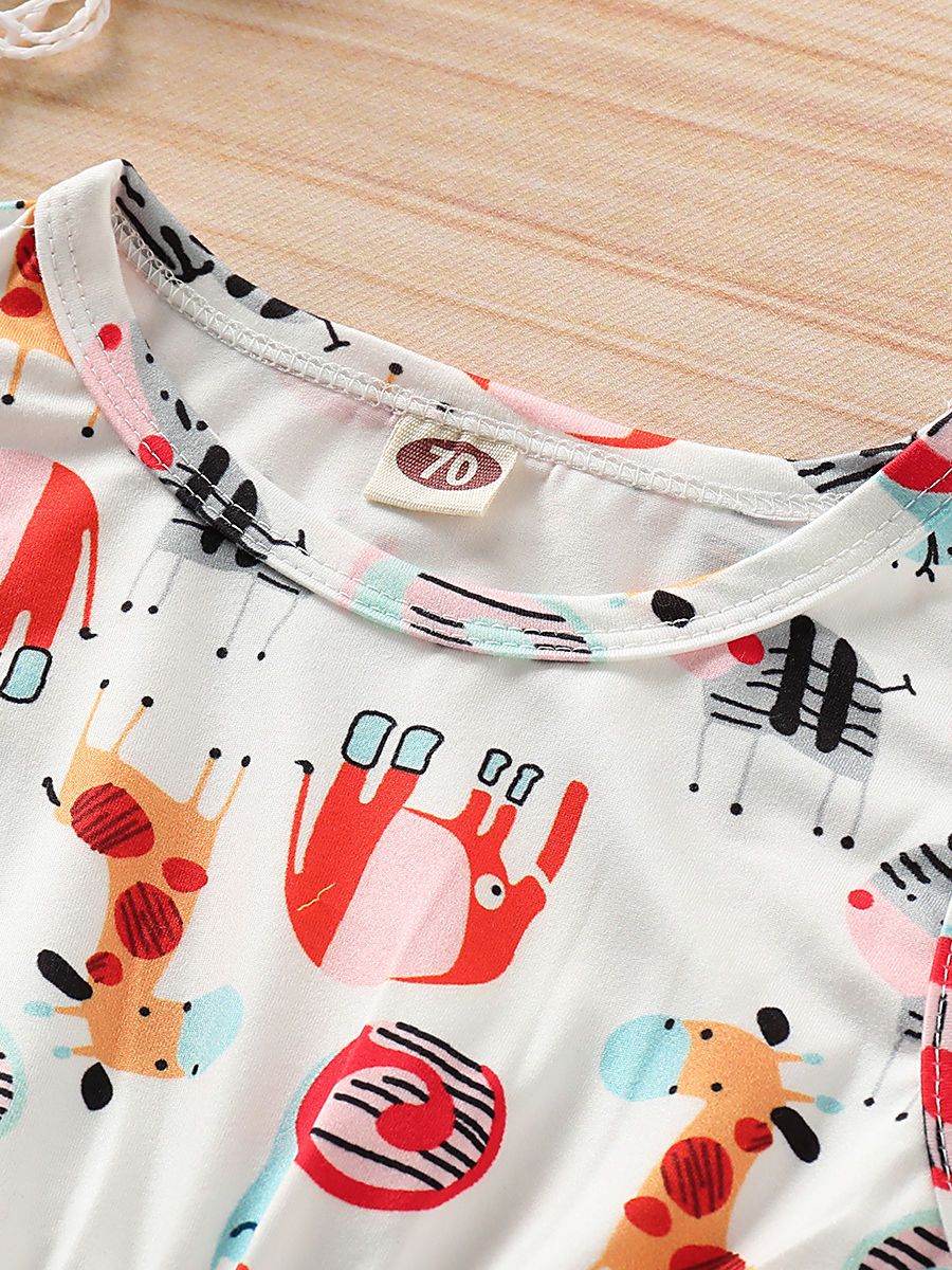 Pom Pom Trimmed Cartoon Animal Print Summer Romper Matching Headband - dianjiang-