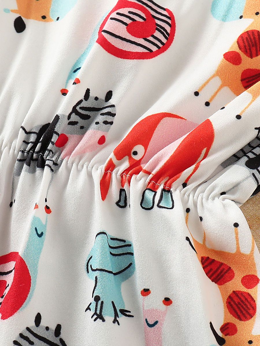 Pom Pom Trimmed Cartoon Animal Print Summer Romper Matching Headband - dianjiang-