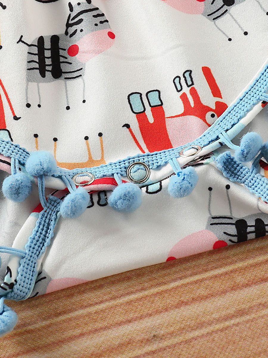 Pom Pom Trimmed Cartoon Animal Print Summer Romper Matching Headband - dianjiang-