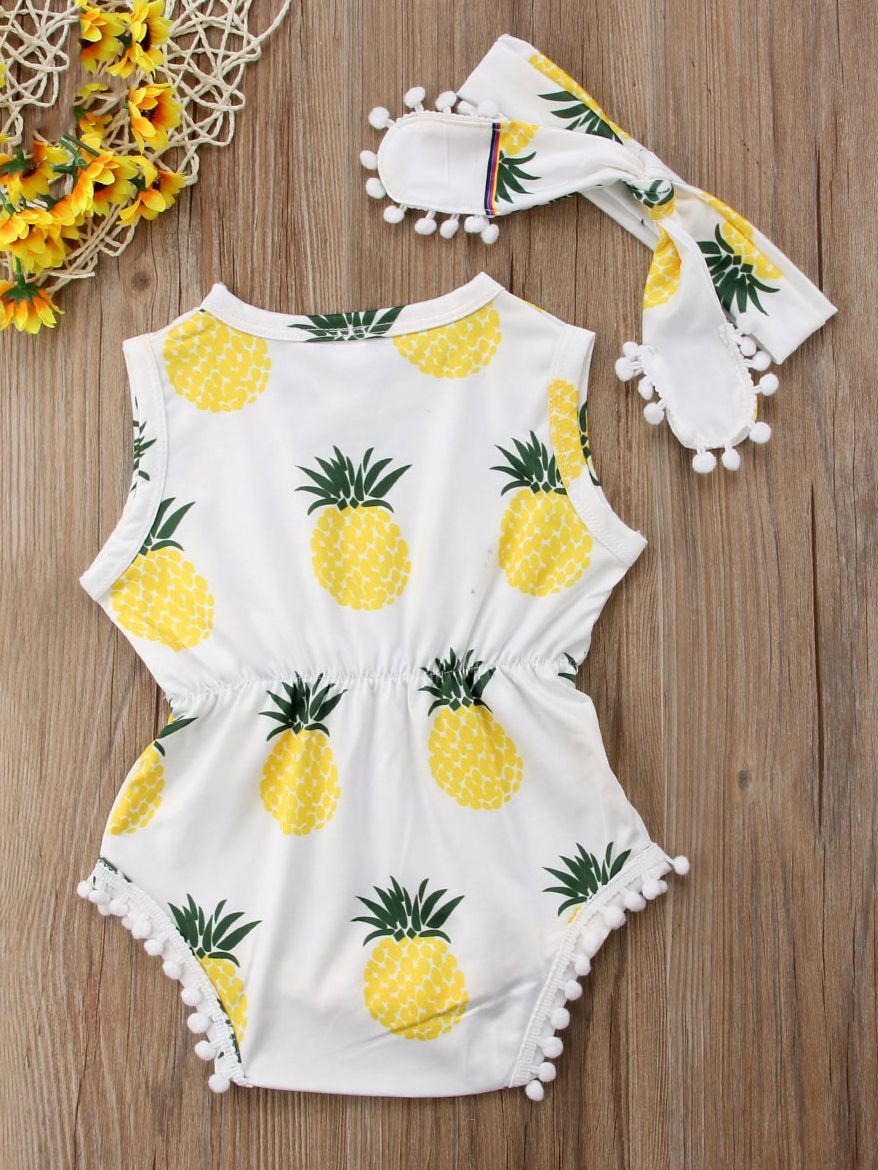 Pineaple Print Pom Pom Trimmed Sleeveless Baby Onesie + Headband - dianjiang-