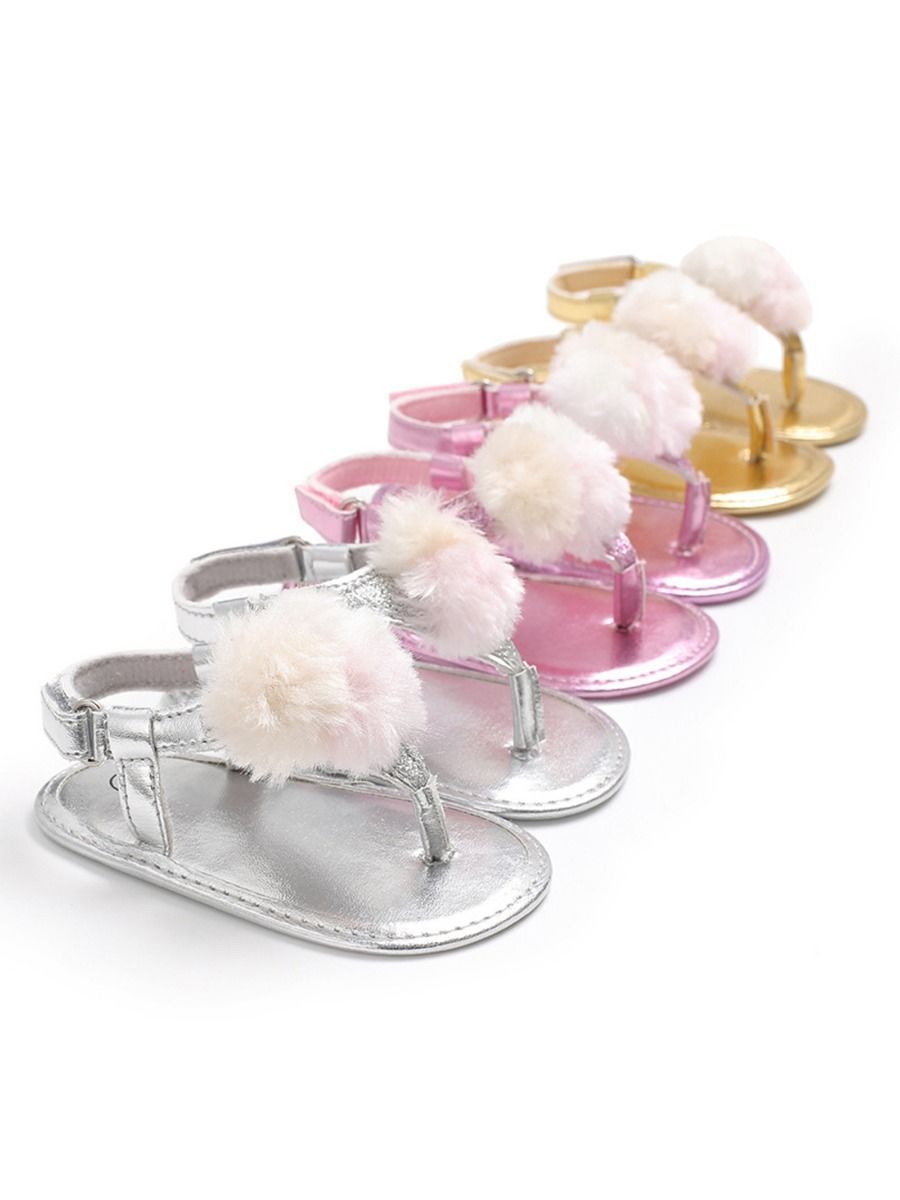 Pom Trim Solid Color Sandal For Baby Girls - dianjiang-