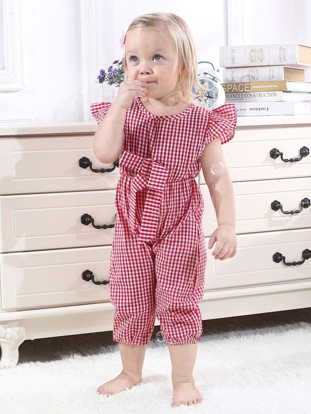 Pretty Flutter Sleeve Bow Checked Baby Girl Summer Overall - dianjiang-