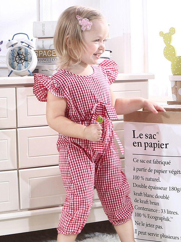Pretty Flutter Sleeve Bow Checked Baby Girl Summer Overall - dianjiang-