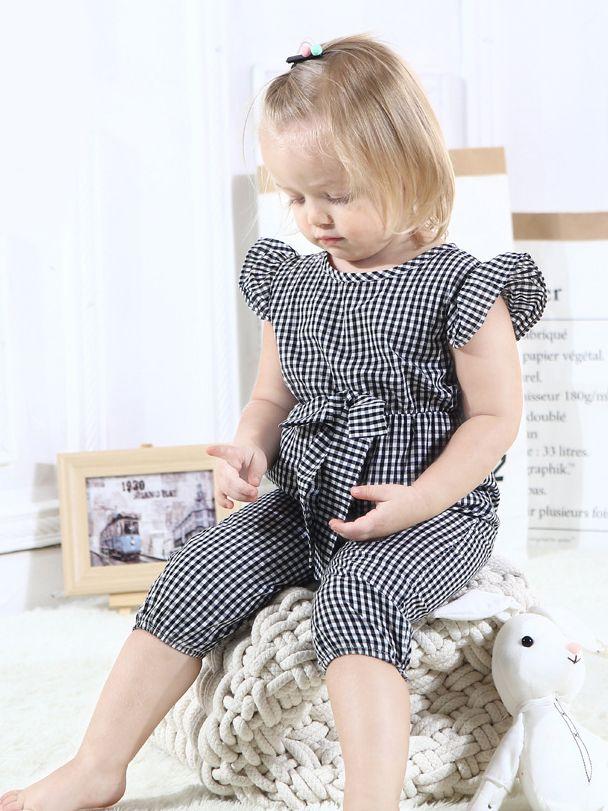 Pretty Flutter Sleeve Bow Checked Baby Girl Summer Overall - dianjiang-
