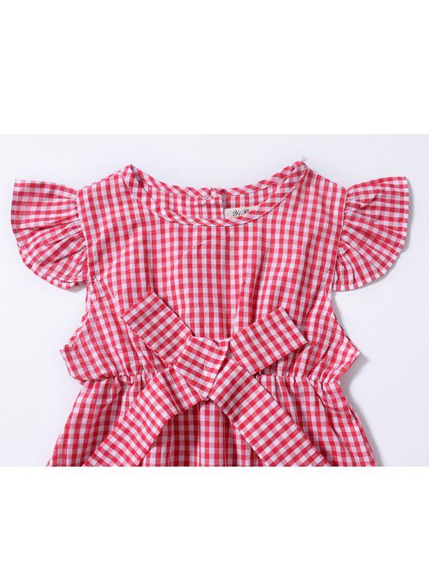 Pretty Flutter Sleeve Bow Checked Baby Girl Summer Overall - dianjiang-