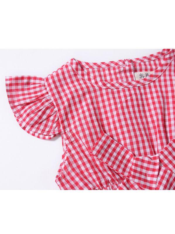 Pretty Flutter Sleeve Bow Checked Baby Girl Summer Overall - dianjiang-