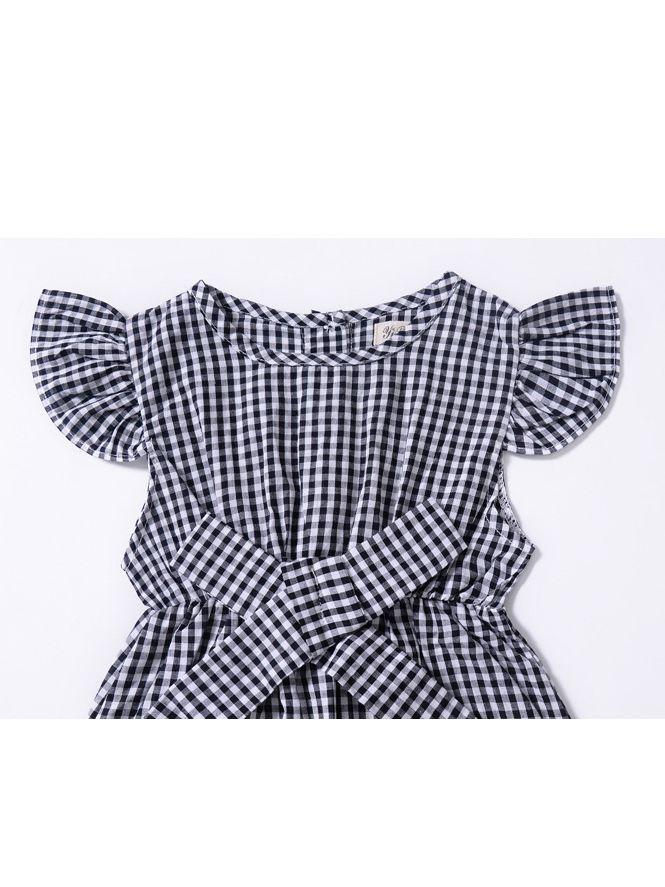 Pretty Flutter Sleeve Bow Checked Baby Girl Summer Overall - dianjiang-