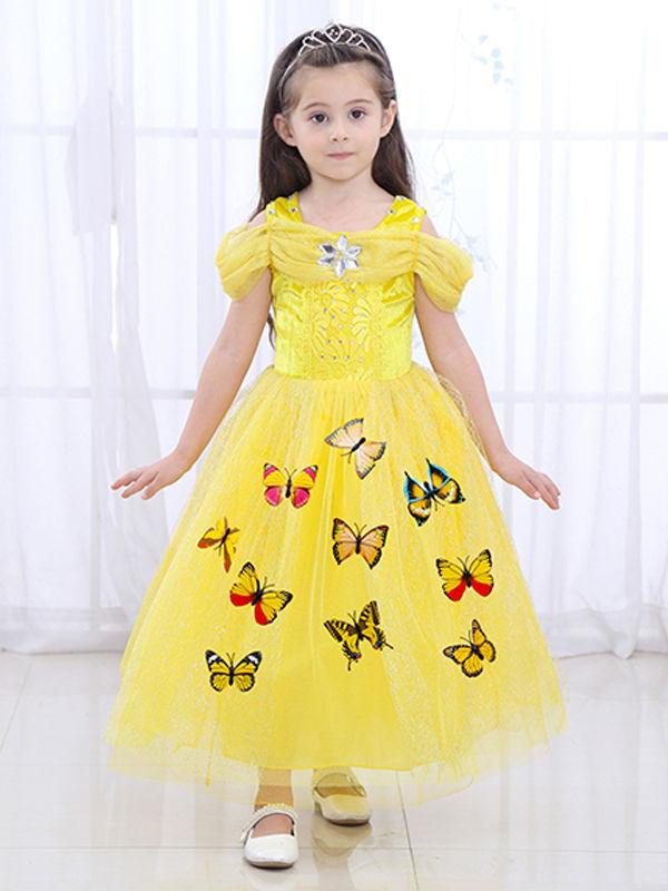 Solid Color Beaded Fluffy Butterfly Decorated Girls Princess Dress - dianjiang-