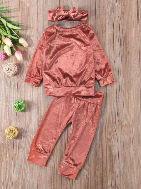 3-piece Pink Outfits Set Indoor Solid Color Velvet Clothes Pullover and Pants and Headband - dianjiang-