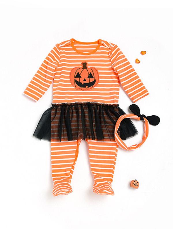 Pumpkin Smile Face Striped  +Headband Halloween 2-piece Set - dianjiang-