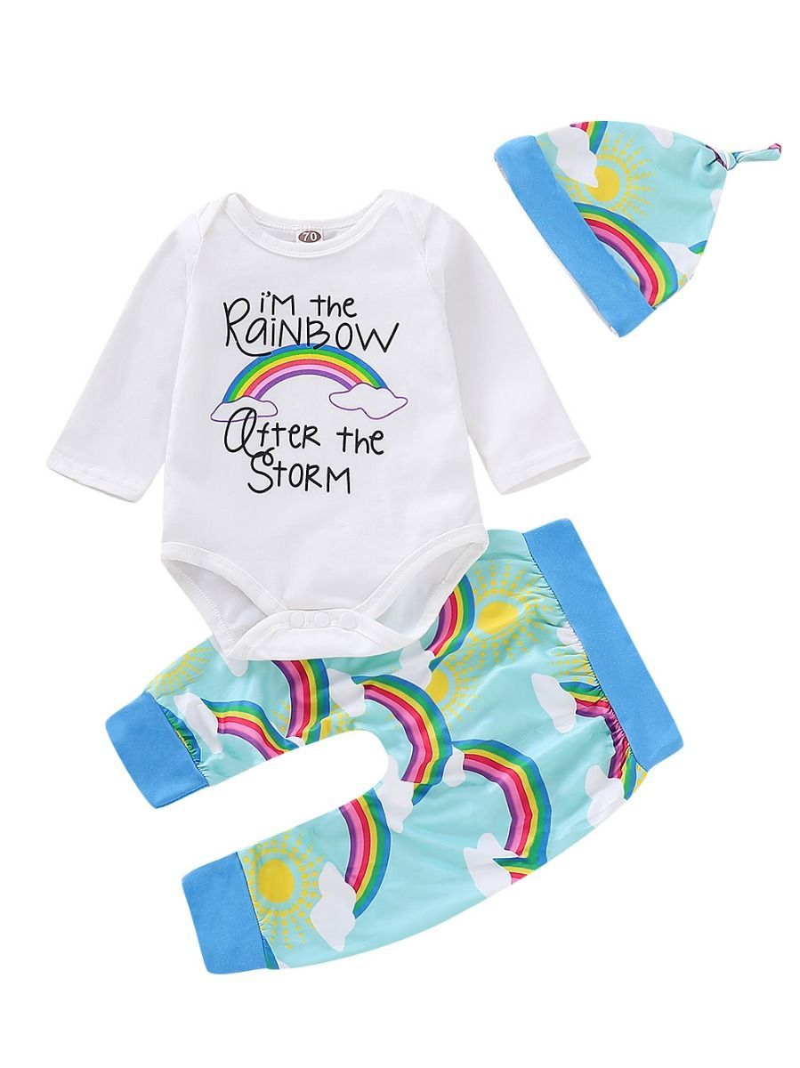 Rainbow Outfit 3-piece Bodysuit Long Sleeve +Rainbow Sun Print Pants+Hat - dianjiang-