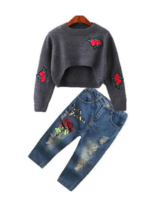 Red Roses Sweater Ripped-Style Jeans Set Long sleeve Top + Cool Trousers - dianjiang-