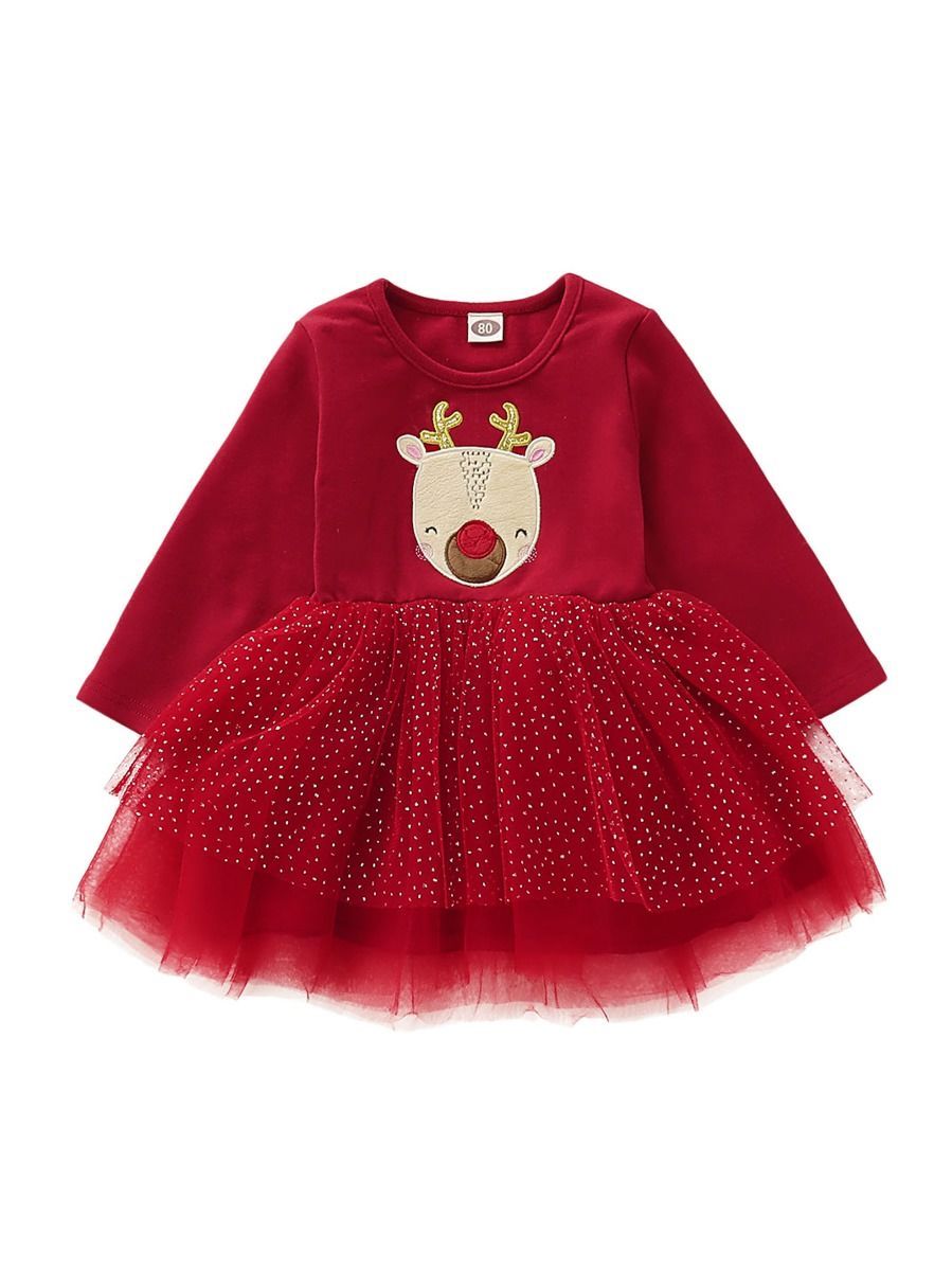 Cute Reindeer Tulle Double Layer Patchwork Christmas Red Dress - dianjiang-