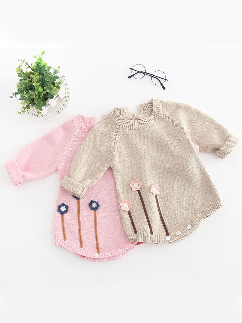 Flower Applique Cotton Onesie Knitted Jumpsuit Long Sleeve for Infant Baby Girls - dianjiang-