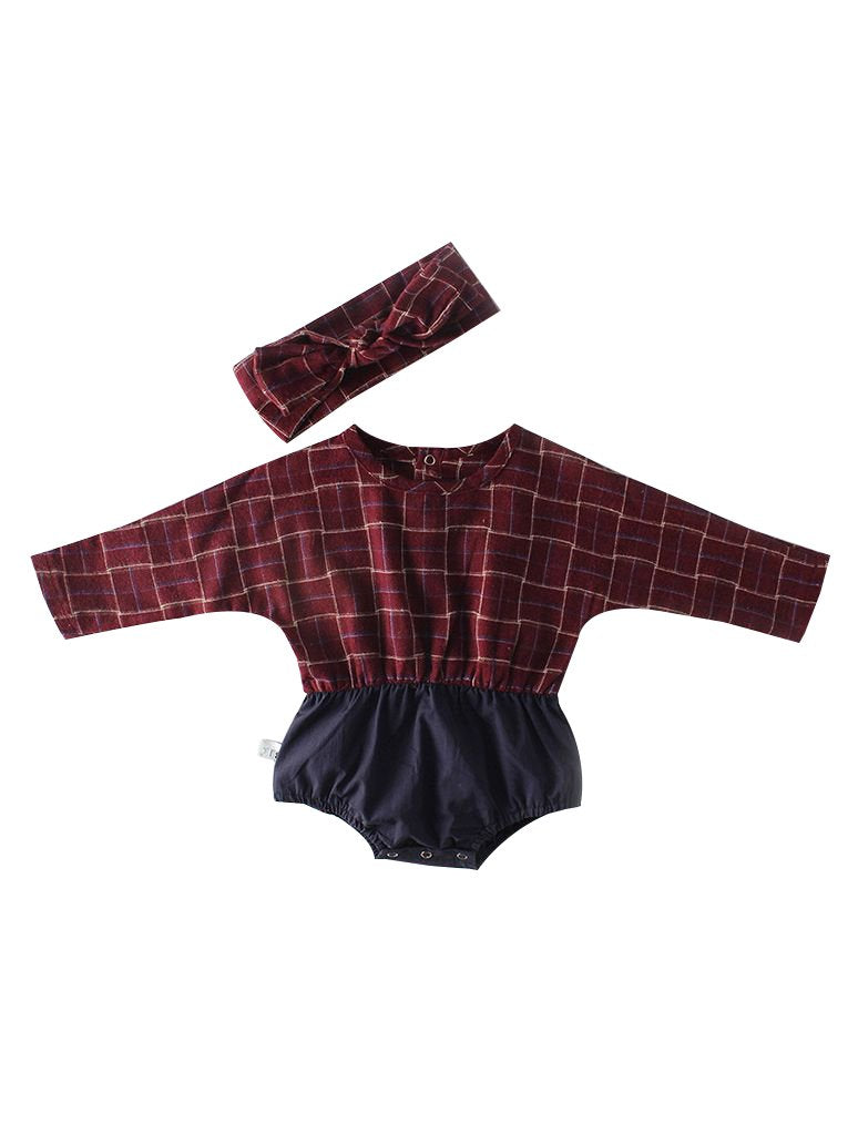 Baby Girl Checked Patchwork Romper with Bow Headband - dianjiang-