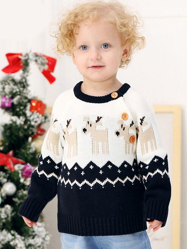Deer Print Splicing Knitwear Acrylic Round Collar Baby Sweater - dianjiang-