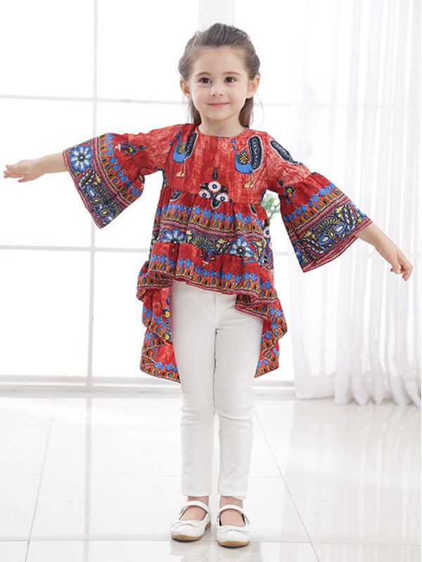Ruffle Peacock Long Sleeve Little Big Girls Top Dress - dianjiang-