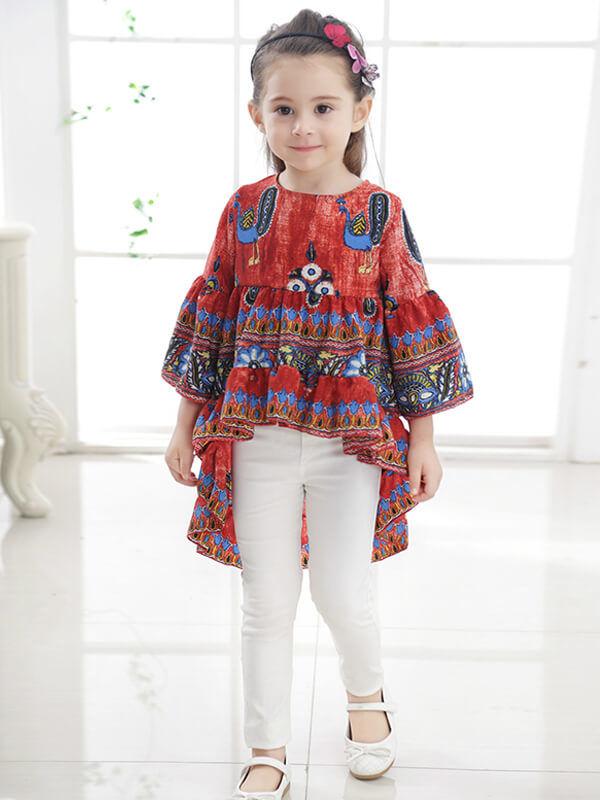 Ruffle Peacock Long Sleeve Little Big Girls Top Dress - dianjiang-