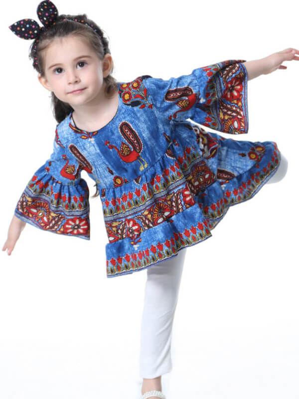 Ruffle Peacock Long Sleeve Little Big Girls Top Dress - dianjiang-