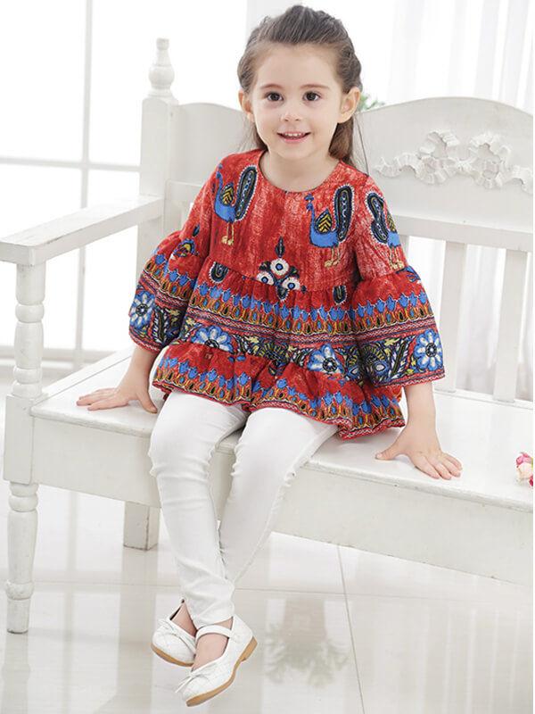 Ruffle Peacock Long Sleeve Little Big Girls Top Dress - dianjiang-