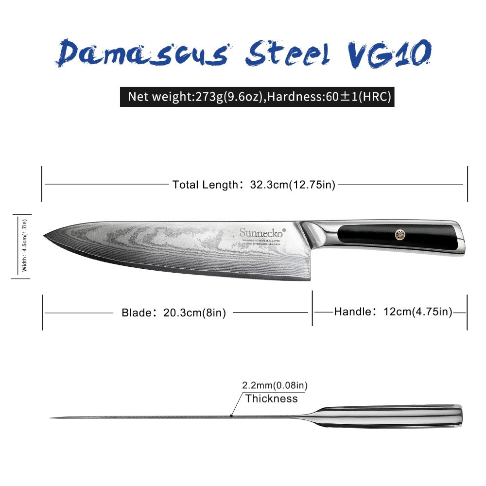SUNNECKO Professional 8" Damascus Steel Chef Knife Japanese VG10 Core Blade Razor Sharp Kitchen Knives G10 Handle Meat Slicer - dianjiang-