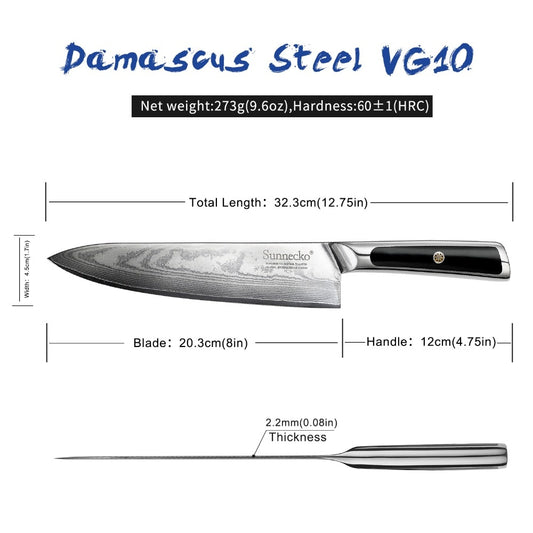SUNNECKO Professional 8" Damascus Steel Chef Knife Japanese VG10 Core Blade Razor Sharp Kitchen Knives G10 Handle Meat Slicer - dianjiang-