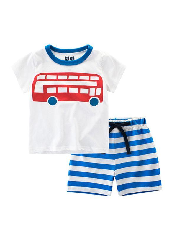 2-piece Print Tee Shorts Set Cotton T-shirt Top Short-sleeve Striped Bottom - dianjiang-