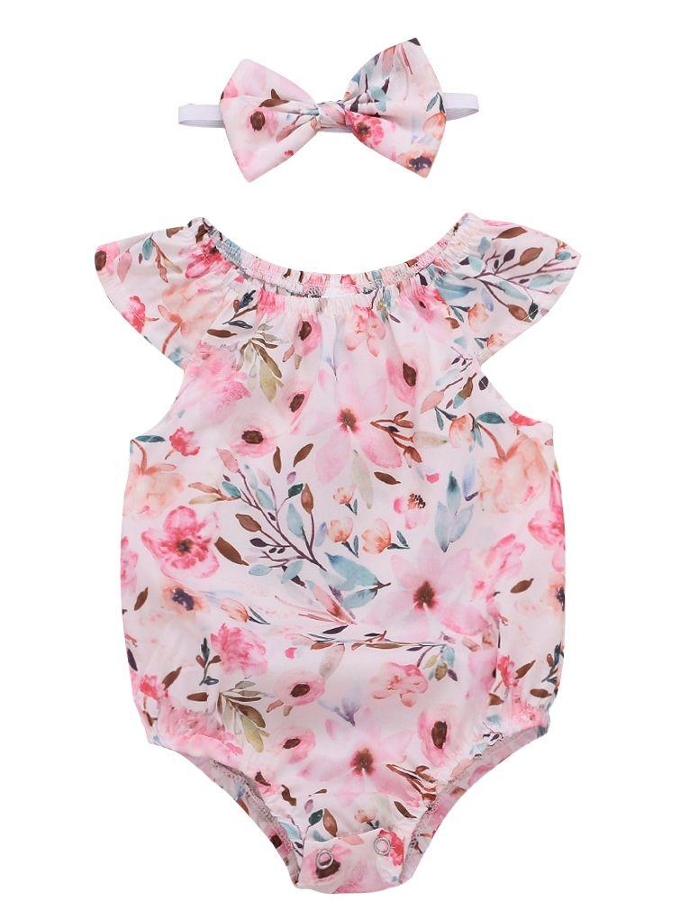 Summer Infant Girl Onesies Short-sleeved Flower Bodysuit with Headband - dianjiang-