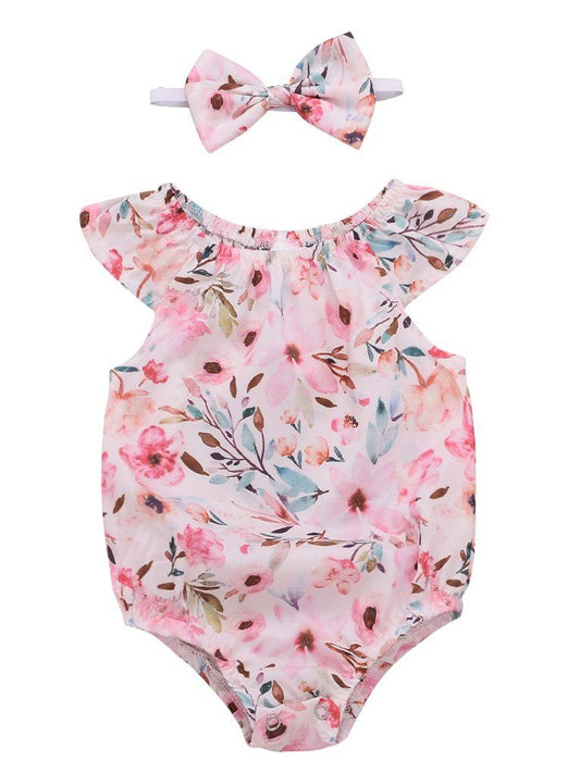 Summer Infant Girl Onesies Short-sleeved Flower Bodysuit with Headband - dianjiang-