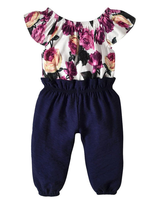 Toddler Baby Girl Overalls Short-sleeved Flower Print Off-shoulder Romper - dianjiang-