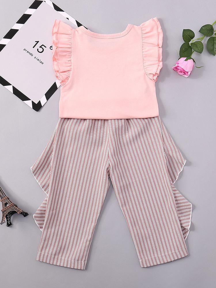 Summer Clothes Outfits Set Short Flutter Sleeve Pink Blouse Top + Frilled Striped Pants - dianjiang-