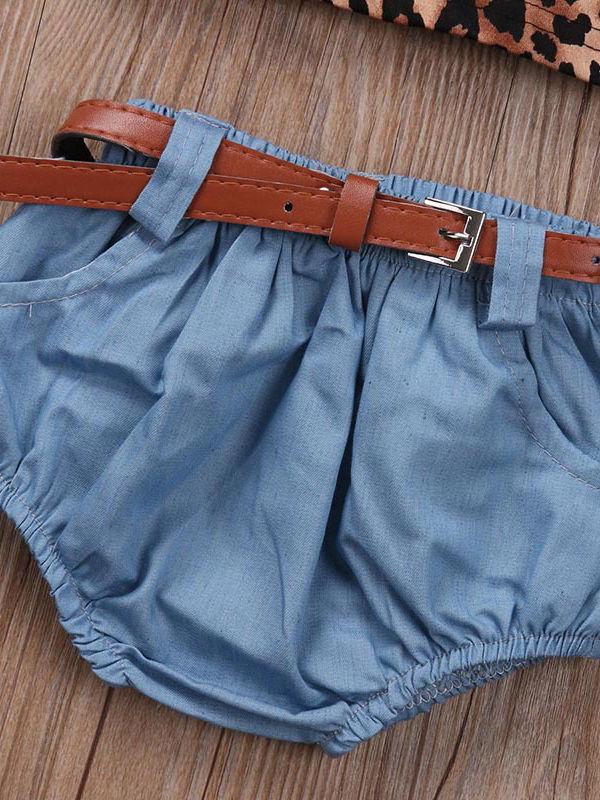 4-Piece Stylish Clothes Outfits Leopard Print T-shirt+Short Pants with Belt+Headband - dianjiang-