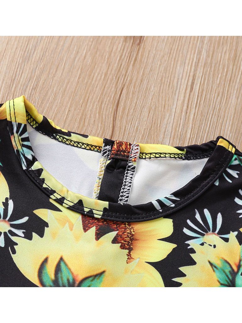 Short Sleeve Sunflower Tie Waist Overall For Baby Little Girl - dianjiang-