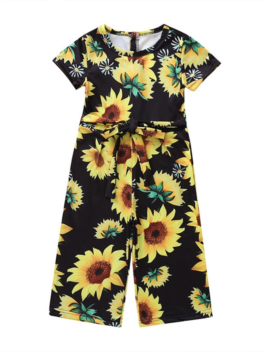 Short Sleeve Sunflower Tie Waist Overall For Baby Little Girl - dianjiang-