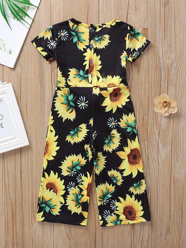 Short Sleeve Sunflower Tie Waist Overall For Baby Little Girl - dianjiang-