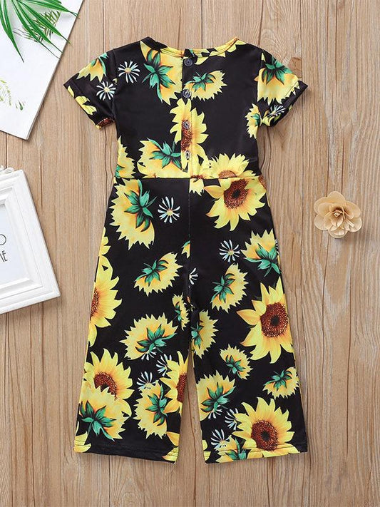 Short Sleeve Sunflower Tie Waist Overall For Baby Little Girl - dianjiang-