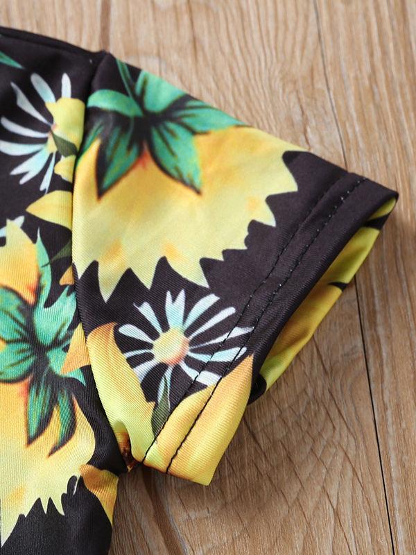 Short Sleeve Sunflower Tie Waist Overall For Baby Little Girl - dianjiang-