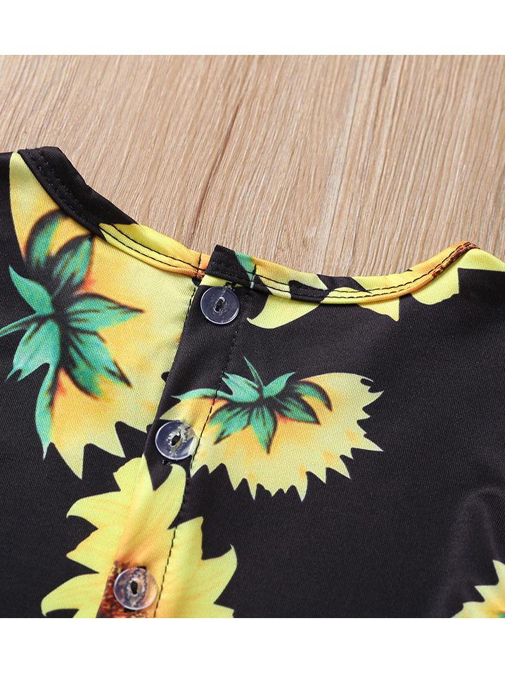 Short Sleeve Sunflower Tie Waist Overall For Baby Little Girl - dianjiang-