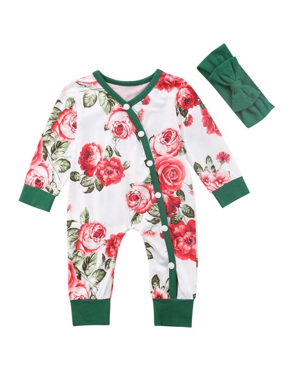Long-sleeved Buttoned Flower Sleepsuit Overalls with Green Headband - dianjiang-
