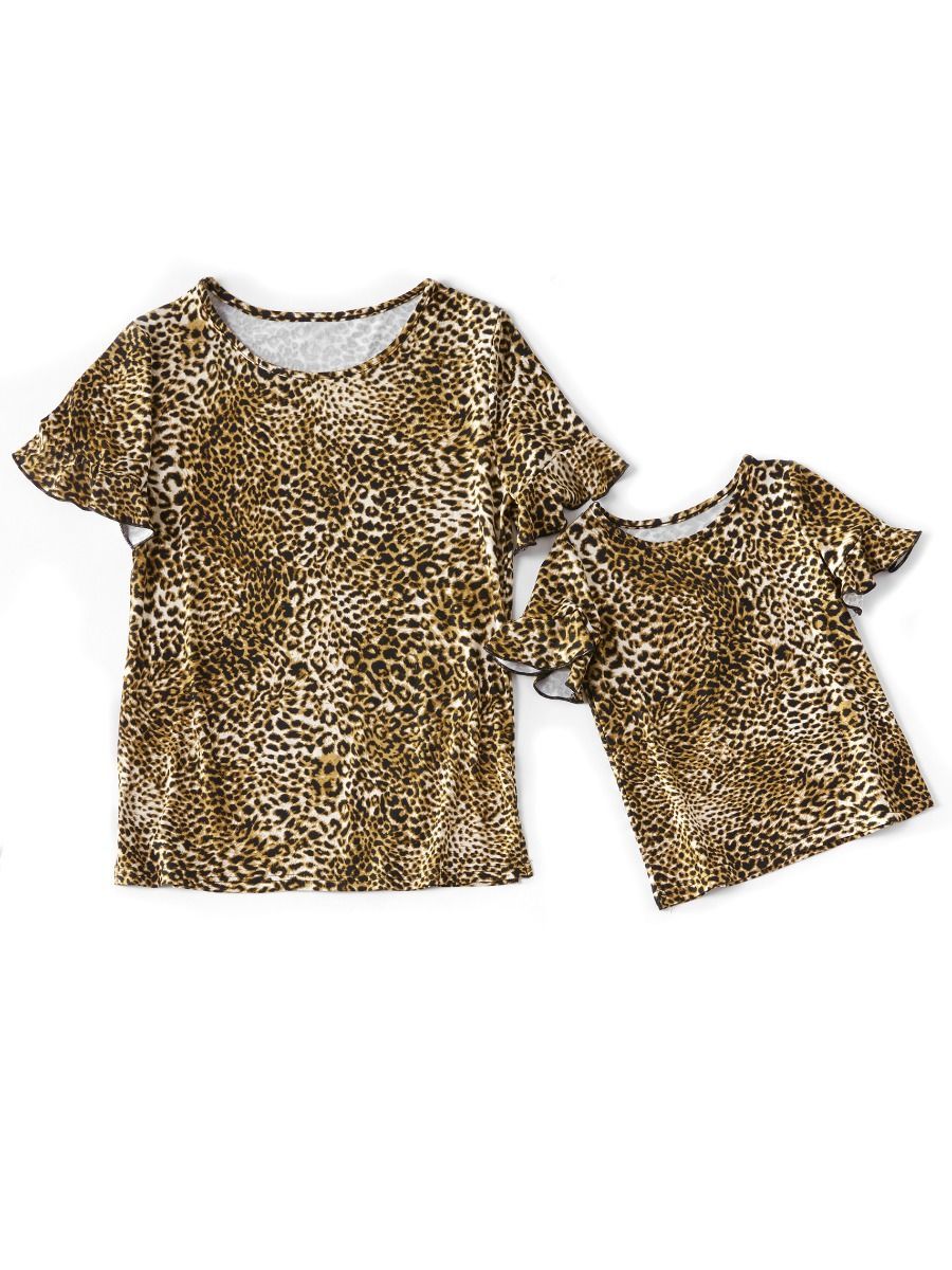 Mommy and Me Leopard Print Short Ruffle Sleeve T-shirt Blouse - dianjiang-