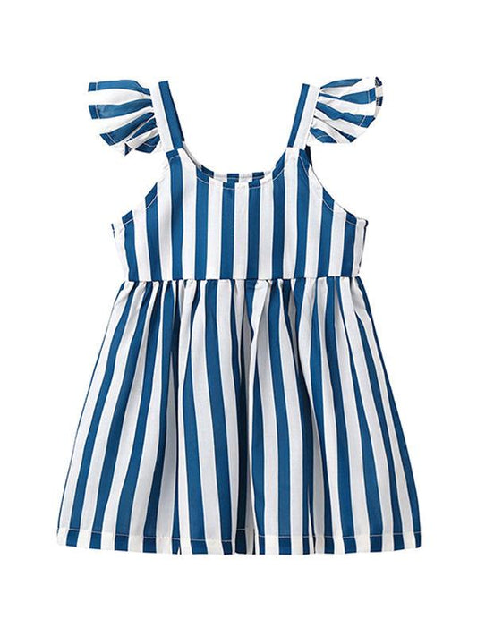 Sleeveless Cotton Striped Pleated Dress Strapped for Baby Toddler Girls - dianjiang-