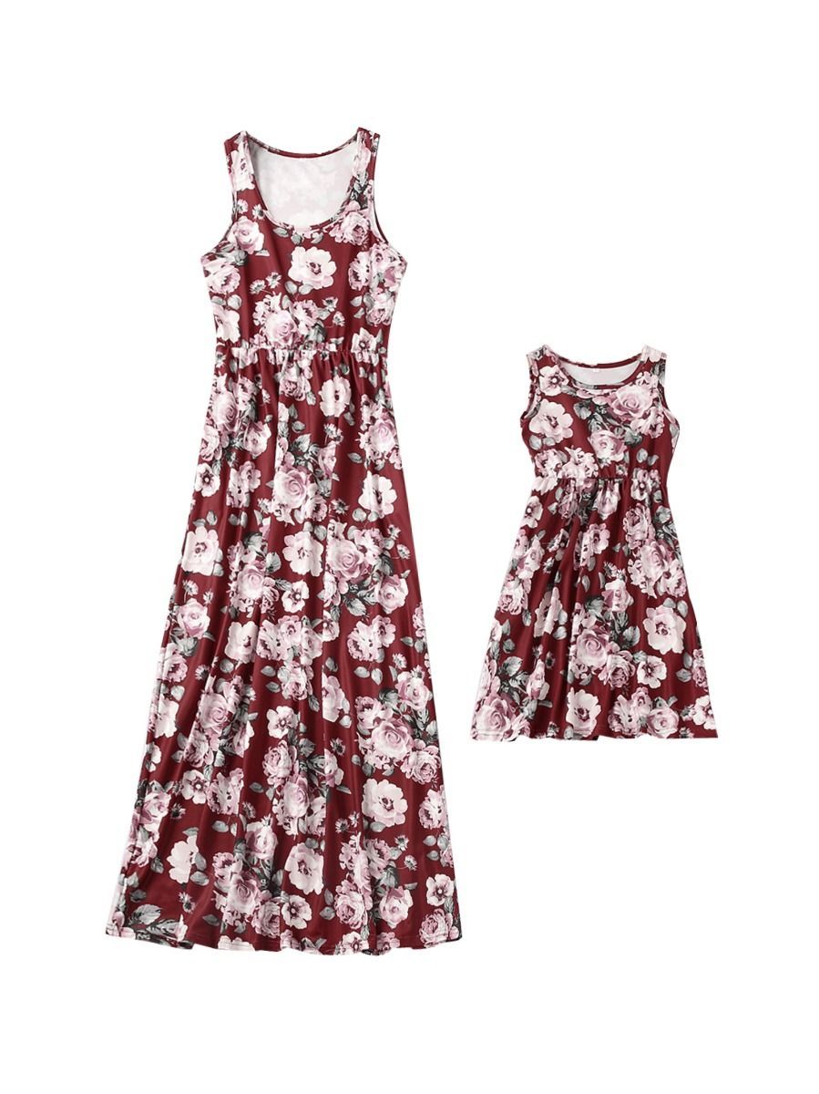 Mommy And Me Family Fitted  Big Flower Sleeveless Dress - dianjiang-