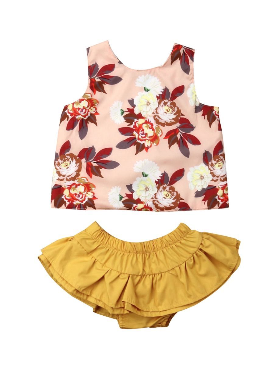 2-Piece Outfit Sleeveless Flower Top + Ruffle Shorts For Baby Toddler Girls - dianjiang-