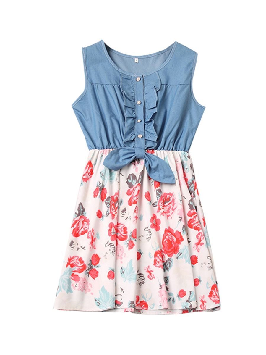 Mom And Me Family Fitted  Flower Denim Patchwork Sleeveless Kids Dress - dianjiang-