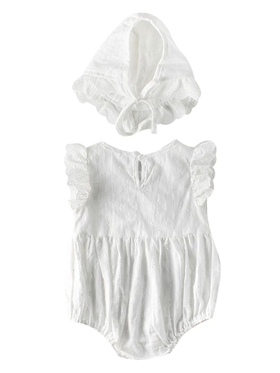 Spanish Style Short Flutter Sleeved Solid Color Baby Romper with Frilled Hat Pink/White - dianjiang-