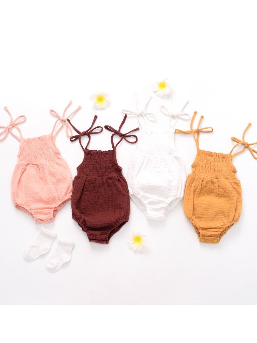 Solid Color Tie Muslin Baby Romper Playsuit - dianjiang-